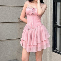 Aiertu - Lace Up Ruffle Corset Mini Dress Aiertu