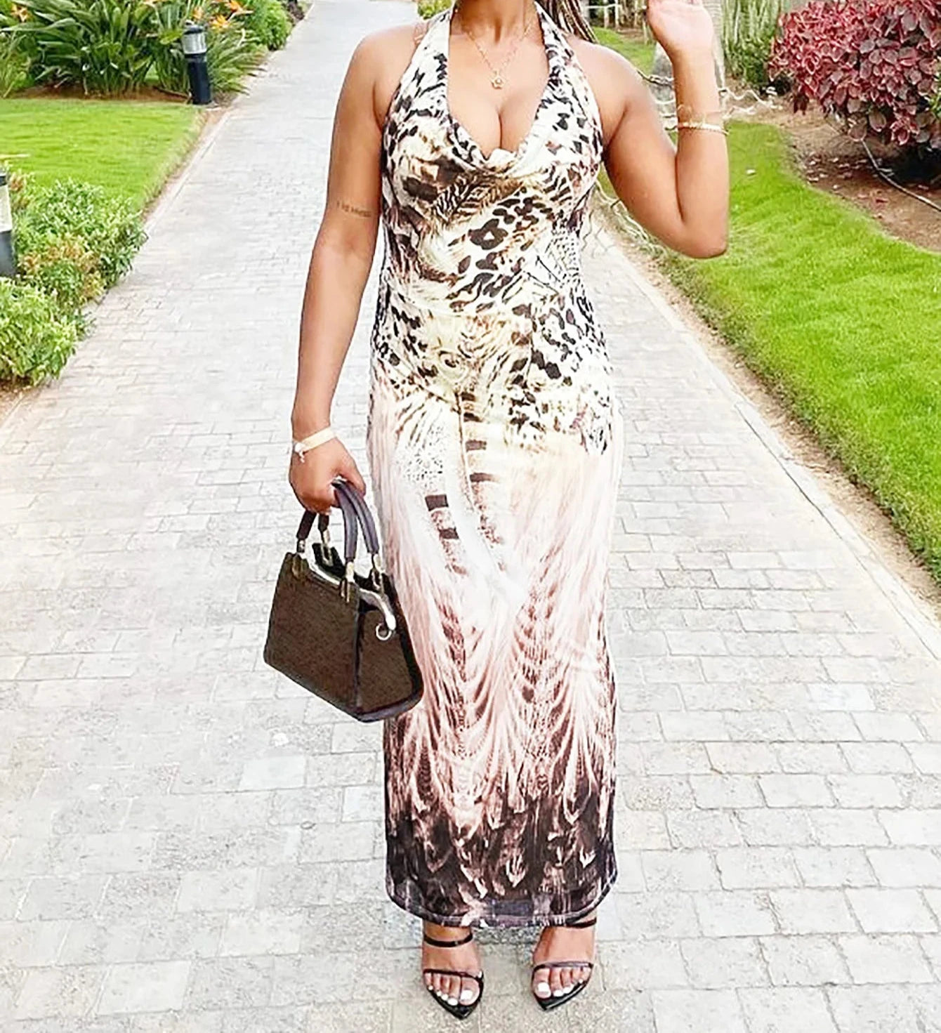 Aiertu  -  Halter Swinging Collar Leopard Print Bodycon Maxi Dress Sleeveless Backless Sexy Outfit For Women Party Club Aiertu