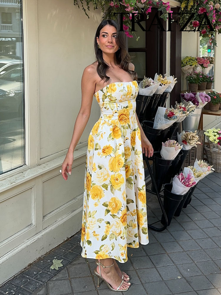 Aiertu  Women New Fashion Temperament Simple Slim Strap-Breast Yellow Rose Printed Dress Female Elegant Sexy Backless Long Dress Aiertu