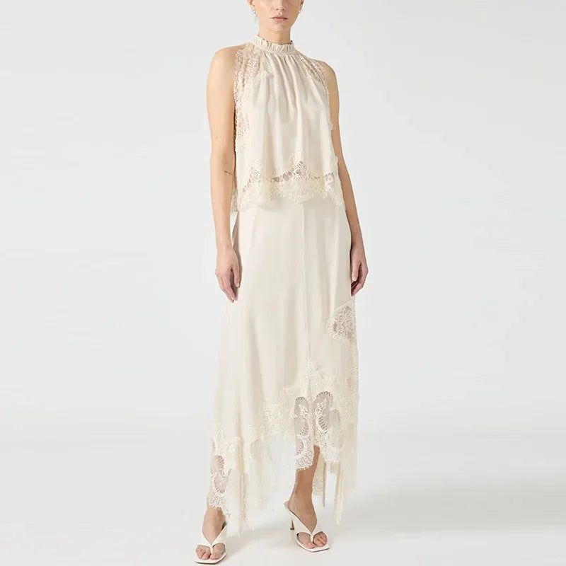 Aiertu  -  Lace Patchwork Tank Top Skirt Set Women Sleeveless Solid Thin Vest Split Midi Skirts Suit 2026 Summer Holiday Street Outfits Aiertu