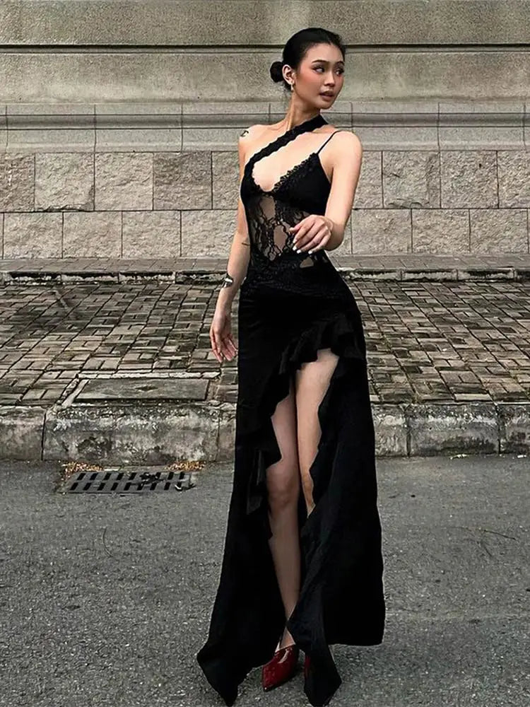 Aiertu  -  Slanted Shoulder Strap Halter Dress Lace Suspender Irregular Splicing Perspective Backless Camisole Robes High Slit Long Dresses Aiertu