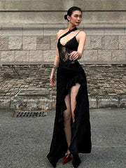Aiertu  -  Slanted Shoulder Strap Halter Dress Lace Suspender Irregular Splicing Perspective Backless Camisole Robes High Slit Long Dresses Aiertu