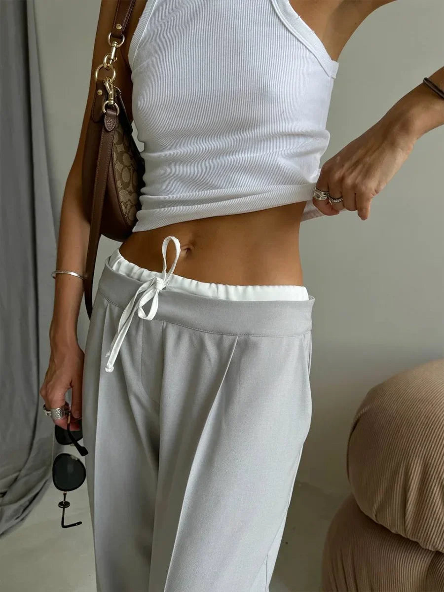 Aiertu  -  Women's Spring New Fake Two Piece Lace Up Loose Casual Pants Fashion Straight Leg Pants Female Retro Commuter Suit Pants Aiertu