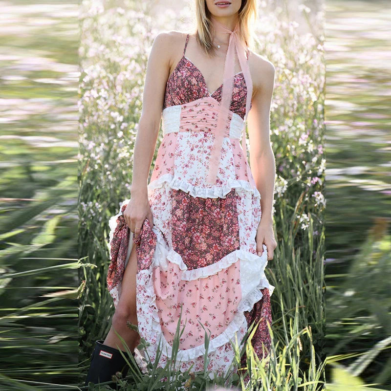 Aiertu  -  Sexy Deep V Hollow Summer Long Dress Elegant Floral Print Pleated Women's Dress Fashion Off Shoulder High Waist Bohemian Dresses Aiertu