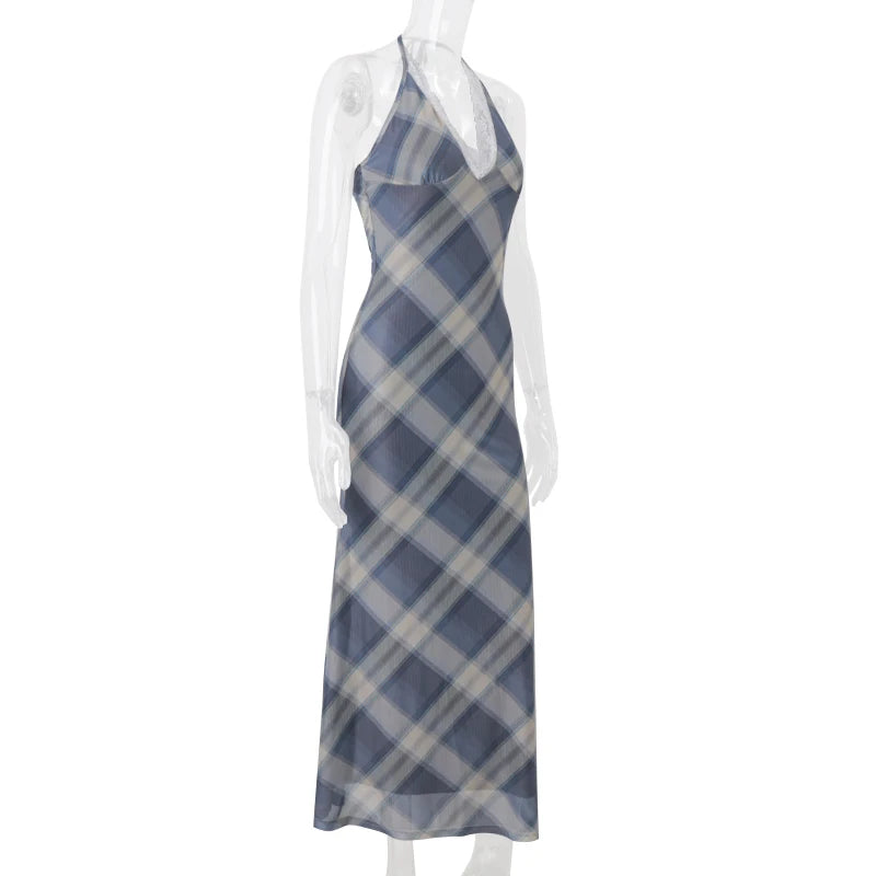 Aiertu  Plaid Print Elegant Vintage Lace Edge V-neck Sexy Halter Backless Bodycon Maxi Dress Summer New Evening Women Vestidos Aiertu