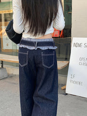 Aiertu  -  Drawstring Waist Patchwork Baggy Jeans Women Vintage Wash Wide Leg Frilly Striped Denim Pants Korean Y2k Streetwear Aiertu