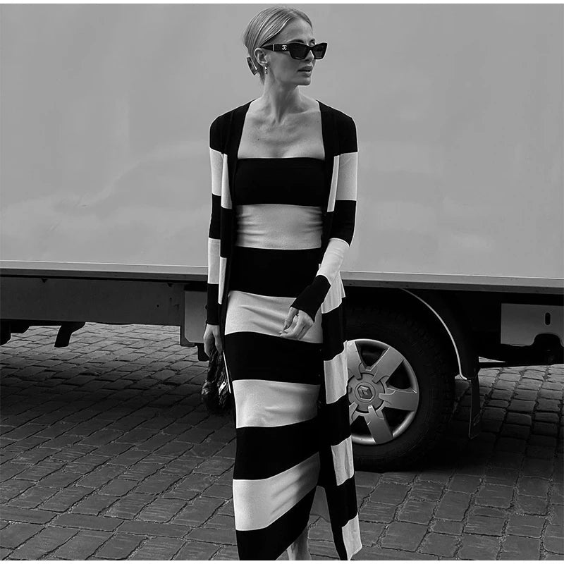 Aiertu  -  Knitted Striped Tube Tops Long Dress Long Jacket Women Set Backless Robe Long Sleeved Single Breasted Jacket Spring Summer Suit Aiertu