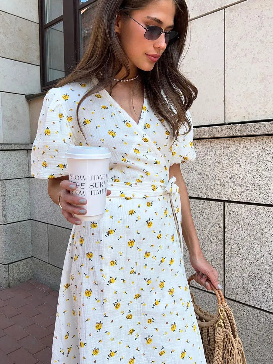 Aiertu  -  Women's V-neck Short Sleeve Floral Printed Cotton Dress Fashion Streetwear 2026 High Waist Bandage A-line Long Holiday Dresses Aiertu