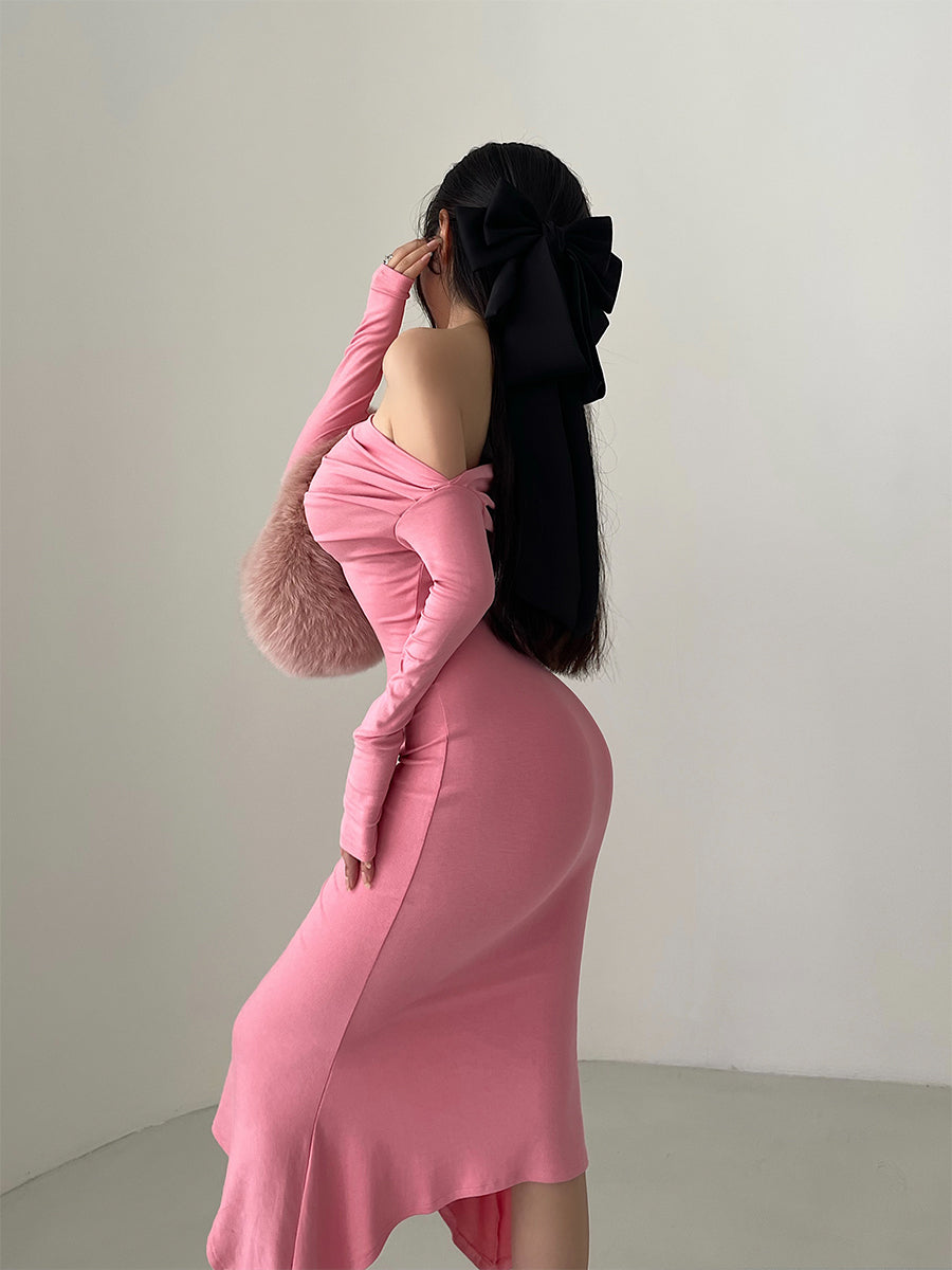 Aiertu Solid Color Slim Off The Shoulder Long Sleeve Dress Aiertu