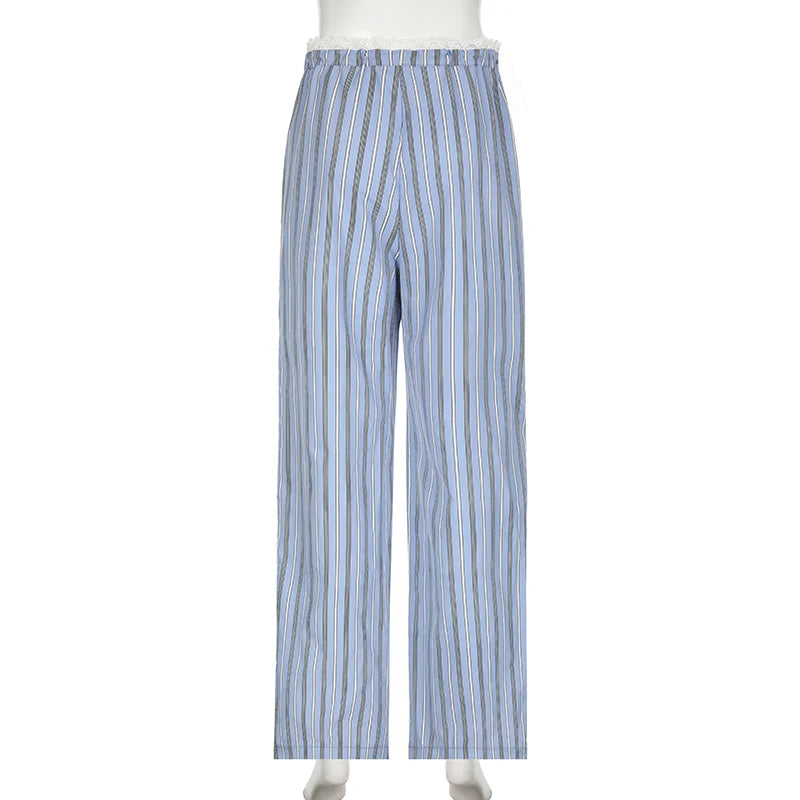 Aiertu  -  Sweet Stripe Lace Patchwork Women Pants Low Waist Drawstring Harajuku Korean Trousers Straight Leg Bottoms Basic New Aiertu