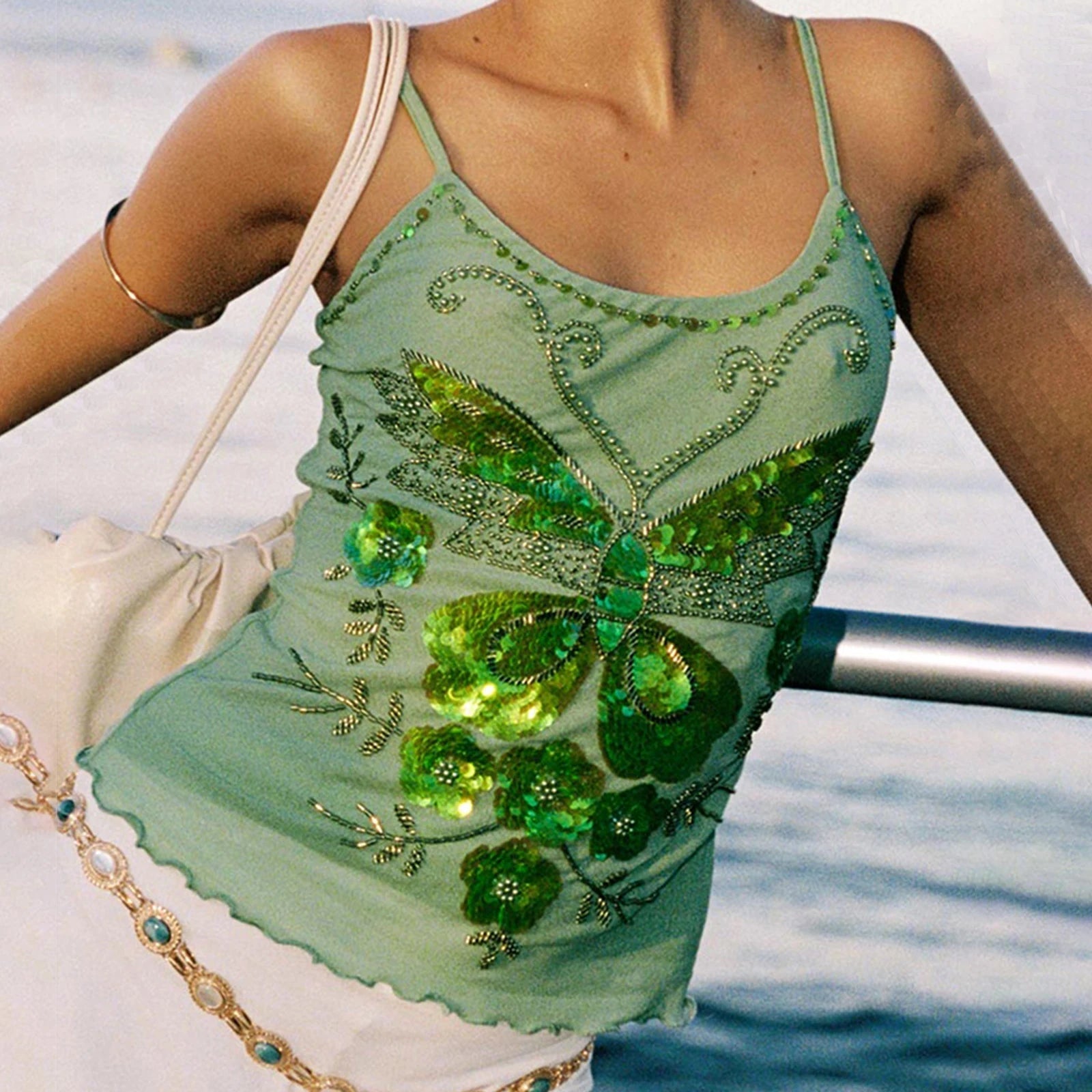 Aiertu  -  Y2k Women Sequin Tank Top Spathetti Strap Rhinestone Shirt Sparkle Glitter Butterfly Cami Crop Tops Going Out Streetwear Aiertu