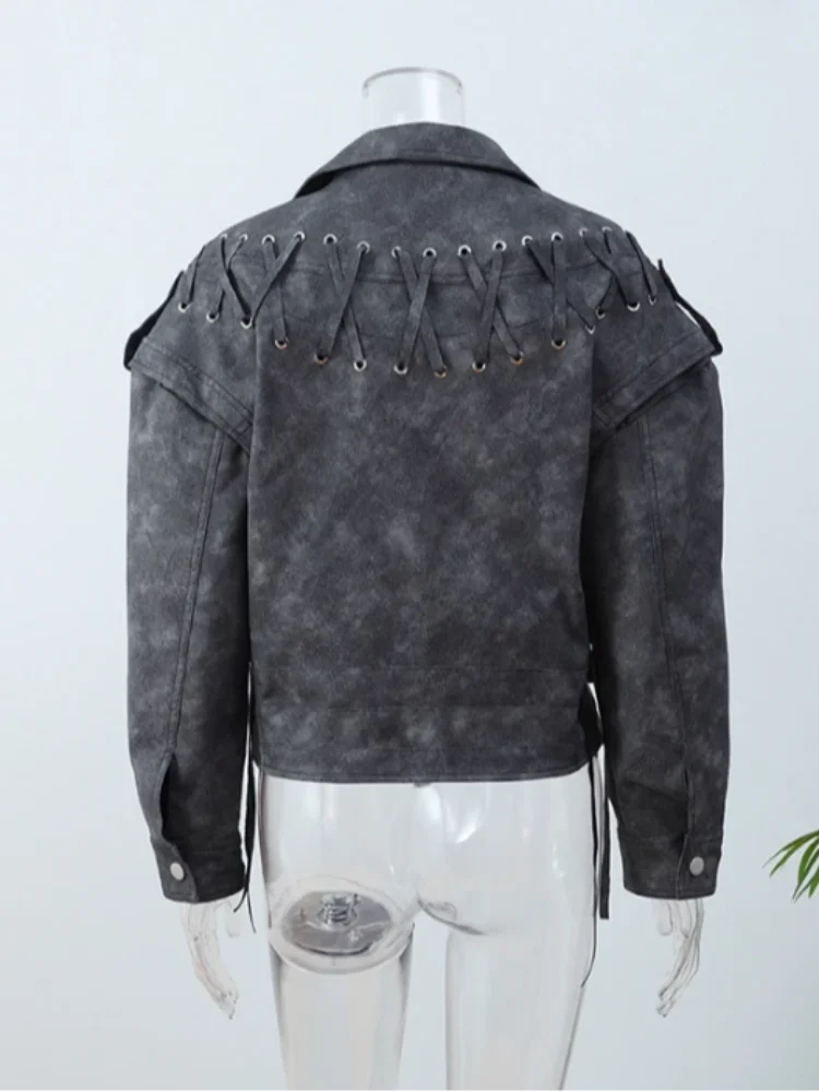 Aiertu  -  Fashion Pu Leather Zipper Bomber Women Jacket Vintage Solid Lapel Long Sleeved Y2k Short Coat 2026 Lady Motorcycle Outercoat Aiertu
