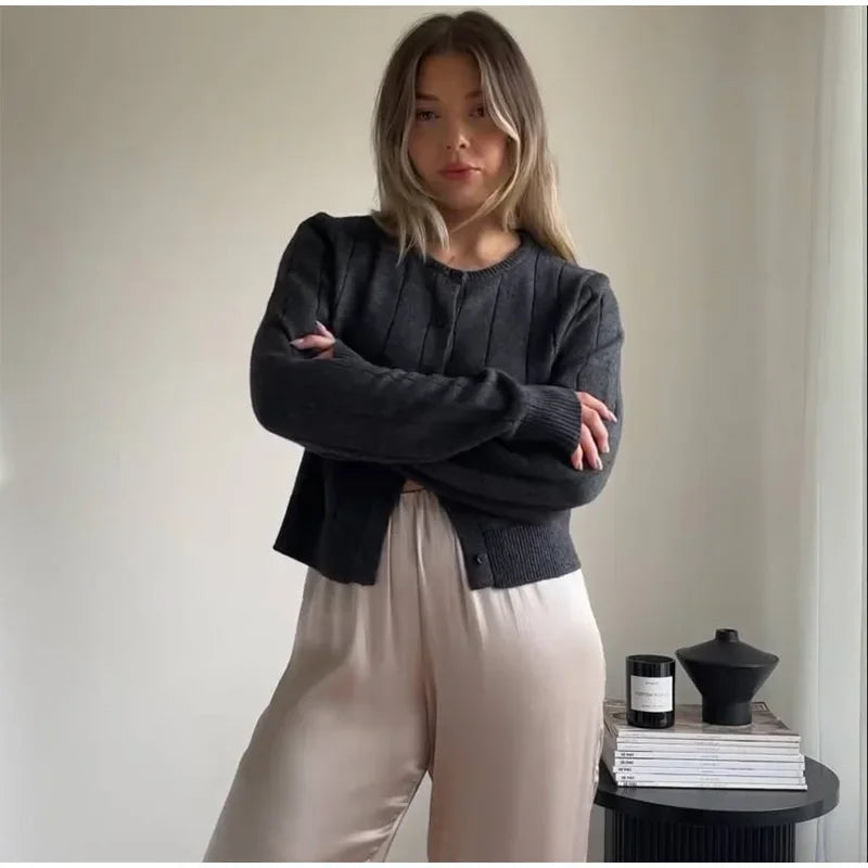 Aiertu  -  Slim Knit Single Breasted Cardigans Women Elegant O-neck Long Sleeves Short Sweater 2026 Autumn New Female Chic Top Streetwear Aiertu