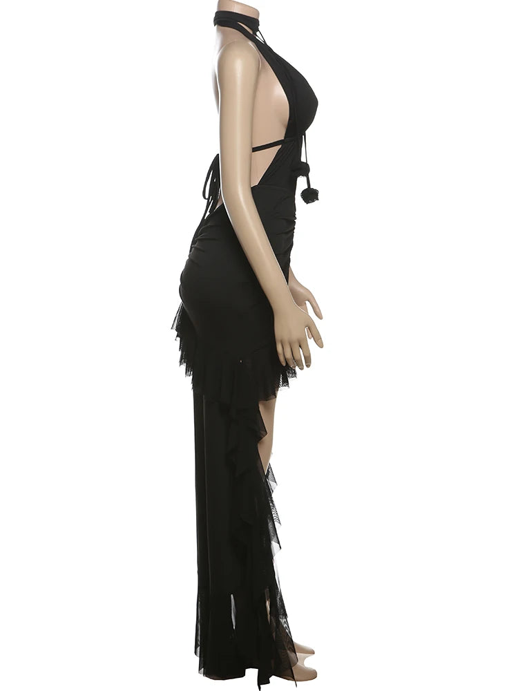Aiertu  -  Mesh Bandage Backless Dress Women Sexy Halter Low-Neck Sleeveless Slits Ruffles Robe Hottie Vacation Hispter Outfits Aiertu