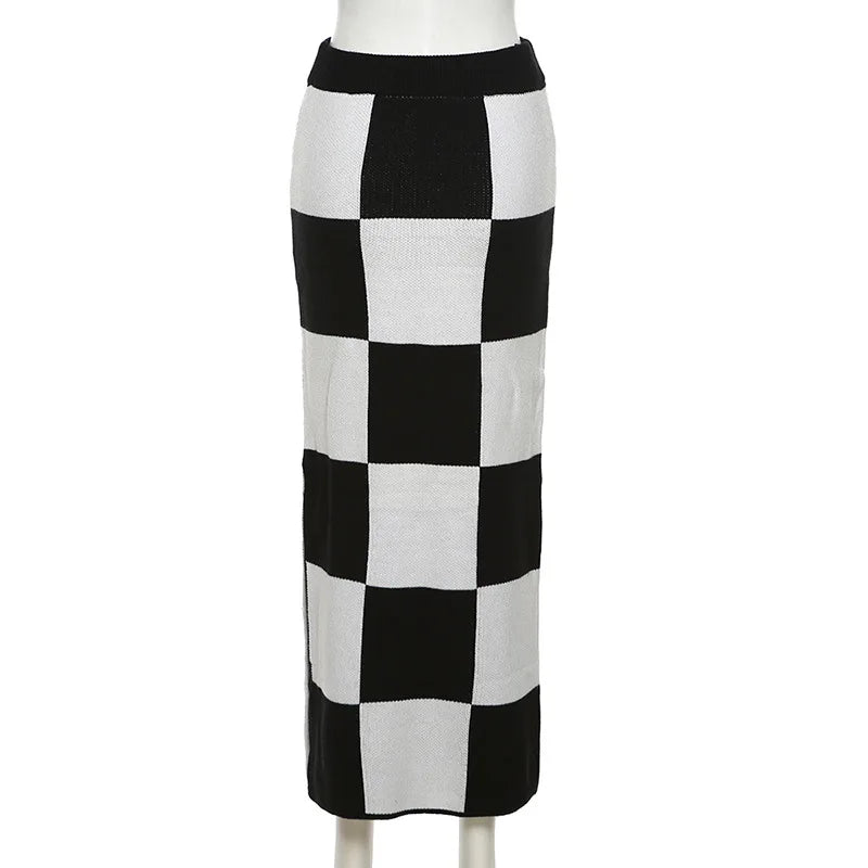 Aiertu  -  Classic Women Skirts Checkerboard Knit Side Split Skinny Vintage Fashion Wild Streetwear High Waist Maxi Straight Skirt Aiertu