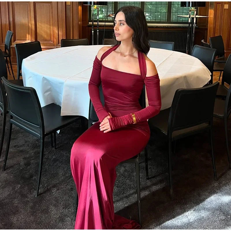 Aiertu  -  Sexy Solid Women Halter Dress Off Shoulder Long Sleeve Backless Slim Female Maxi Dresses 2025 Spring New Chic Elegant Lady Robe Aiertu