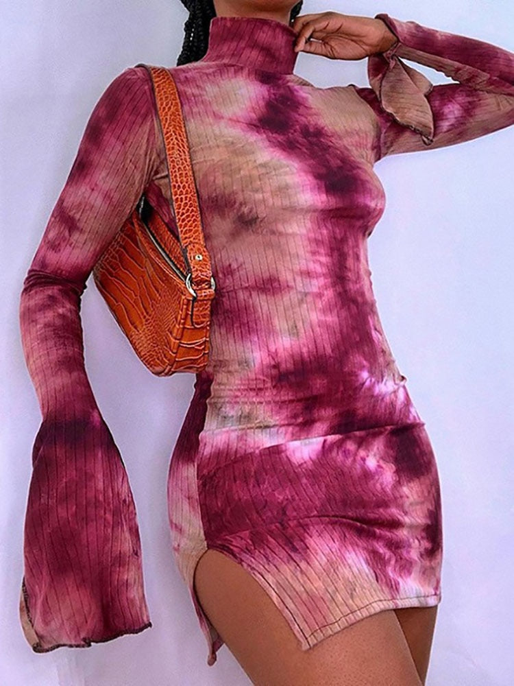 Aiertu Tie Dye Mock Neck Bodycon Dresses For Women Side Split Ribbed Long Sleeve Clubwear Midnight Outfit Party Mini Dress Hot Aiertu
