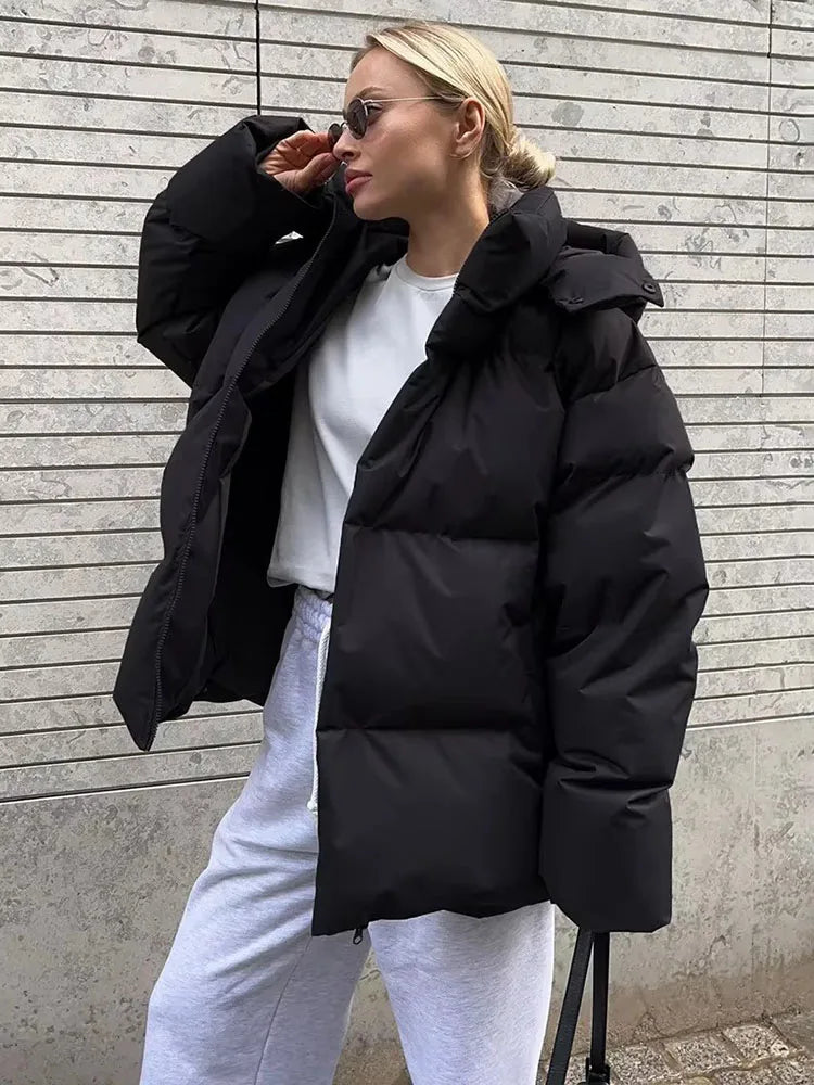 Aiertu  -  Female Cotton Jacket Solid Hooded Zipper Cotton Jacket 2026 Autumn Winter New Lady Loose Long Sleeve High Street Outwear Aiertu