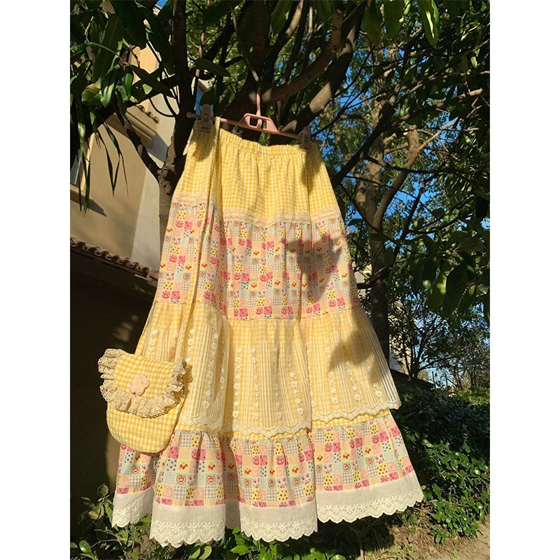 Aiertu  -  Vintage Plaid Midi Skirt Women Japanese Harajuku Print Skirts Summer Y2K Boho Korean Lace Patchwork Casual Design Faldas Aiertu