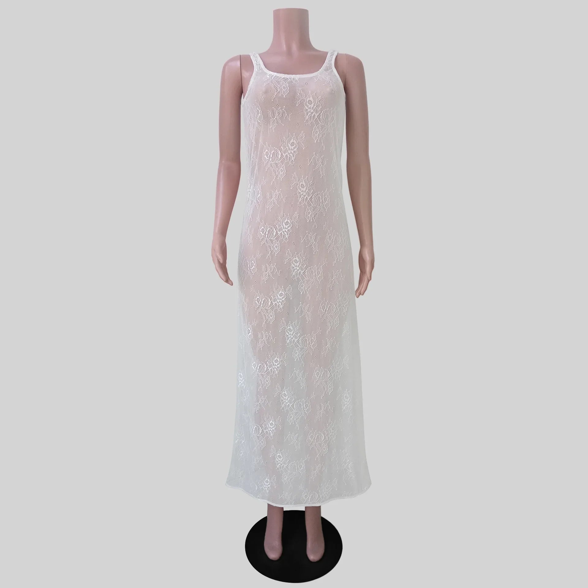 Aiertu  -  Y2K Summer Mesh See Though Black Lace Beach Dress Women Sexy O-neck Sleeveless White Dress Club Holiday Women Dress High Street Aiertu