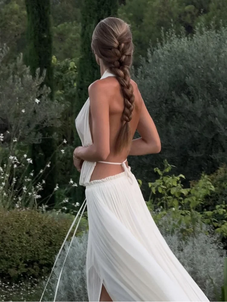 Aiertu  -  Fashion Pleated Long Skirts Set Women Sexy Sleeveless Backless Halter Tops High Waist Mermaid Skirt Vacation Beach 2 Pieces Sets Aiertu