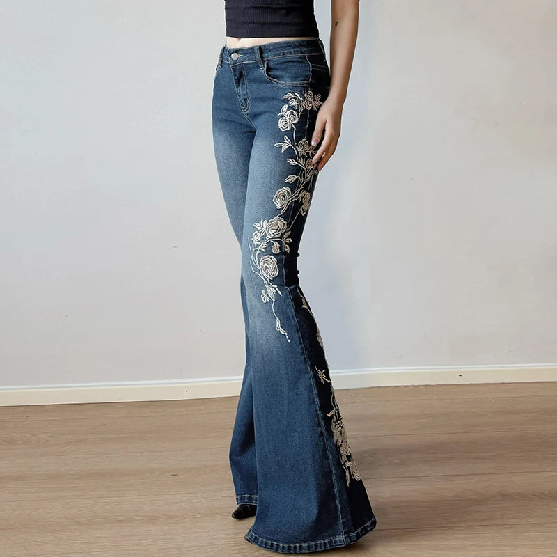 Aiertu  -   Y2K Rose Embroidered Trumpet Jeans Women Fashion Aesthetic Slim Flare Pants Vintage Blue 2000s Denim Trousers Spring Aiertu
