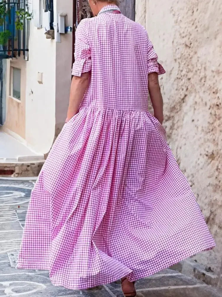 Aiertu  -  Women Spring Autumn New Casual Fashion Plaid Pleated Lapel Shirts Dress Long Sleeve Loose Going Out Vacation Maxi Dresses Aiertu