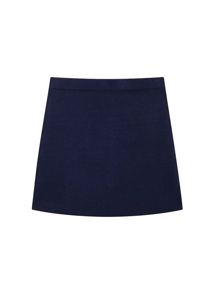 Aiertu  Women Fashion Navy Blue Knitted Straight Mini Skirt Vintage High Elastic Waist Female Chic Lady Skirts Aiertu