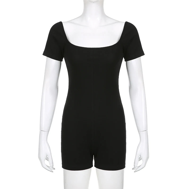 Aiertu  Sporty Activewear Basic Solid Playsuits Sexy Slim Square Collar Short Sleeve Rompers Women Summer Fashion Streetwear Aiertu