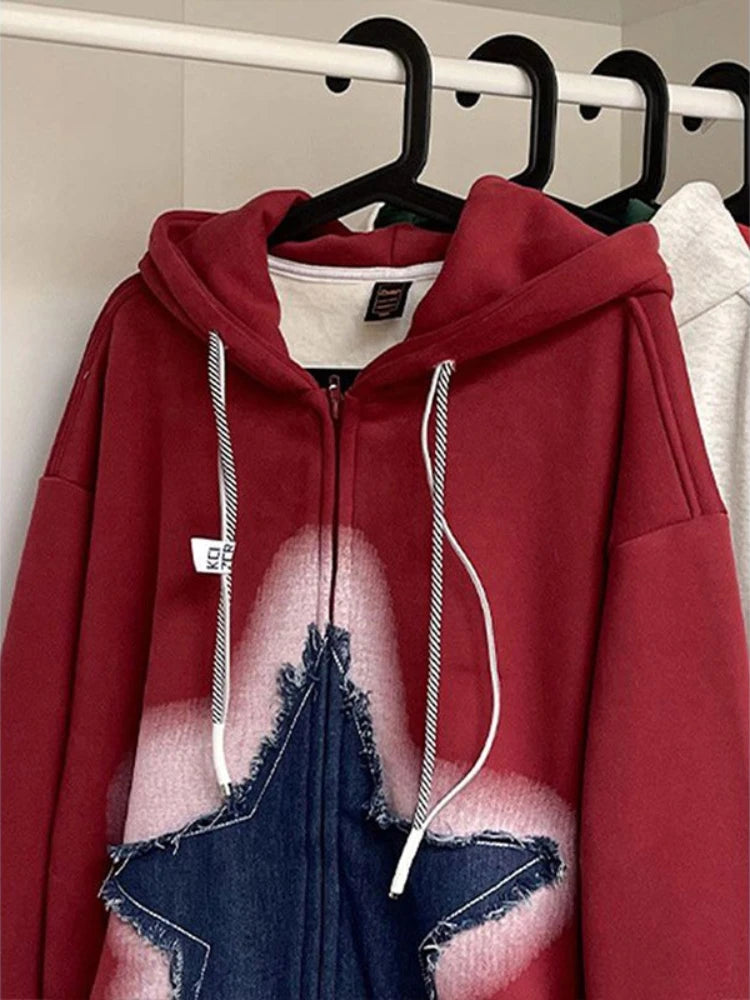 Aiertu  -  Streetwear Vintage Hoodie Zip Up Women Harajuku Aesthetic Patchwork Casual Loose Sweatshirt Zipper Korean Couple Wear Aiertu