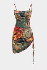 Aiertu  Watercolor Print Satin Ruched Drawstring Slip Mini Dress Aiertu