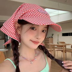 Aiertu  -  Sweet Cool Lattice Headscarf Hats Women Girl Summer Sun Protection Baseball Caps Adjustable Foldable Beach Hat Portable Sun Hat Aiertu