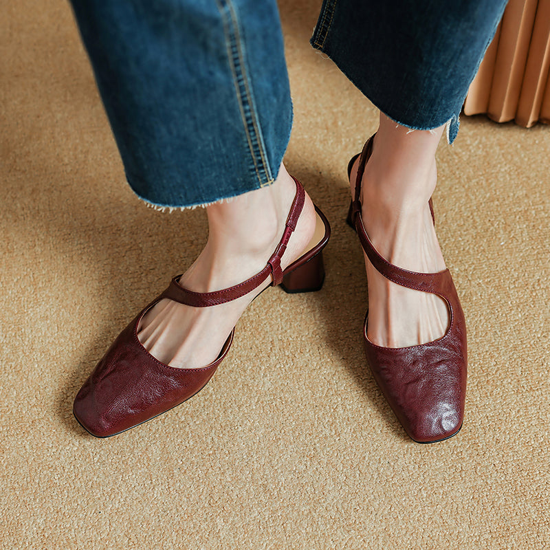 Aiertu  New Summer Women Sandals Genuine Leather Shoes for Women Square Toe Chunky Heel Shoes Simple Cover Toe Slingback Buckle Sandals Aiertu
