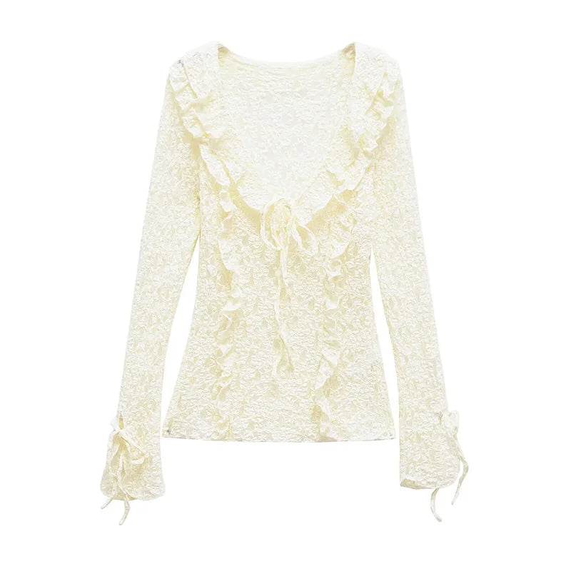 Aiertu  -  Fashion V-neck Solid Lace Laminated Decoration Blouse Women Hole Long Sleeves Loose Lace-up Shirt 2025 Women Spring Streetwear Aiertu