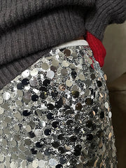 Aiertu  Sequied Sexy Silver Mini Skirts For Women 2025 New High Waist Slim Zipper A-line Party Skirt Simple Fashion Elegant Short Faldas Aiertu