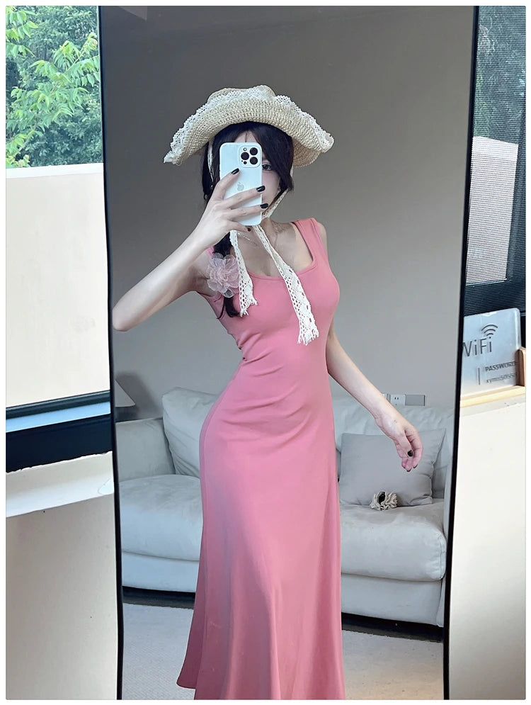 Aiertu  -  Spice Girl Sexy Strap Dress Women's Summer Sleeveless Slim A-line Solid Color Long Dress Fashion Female Clothes Aiertu