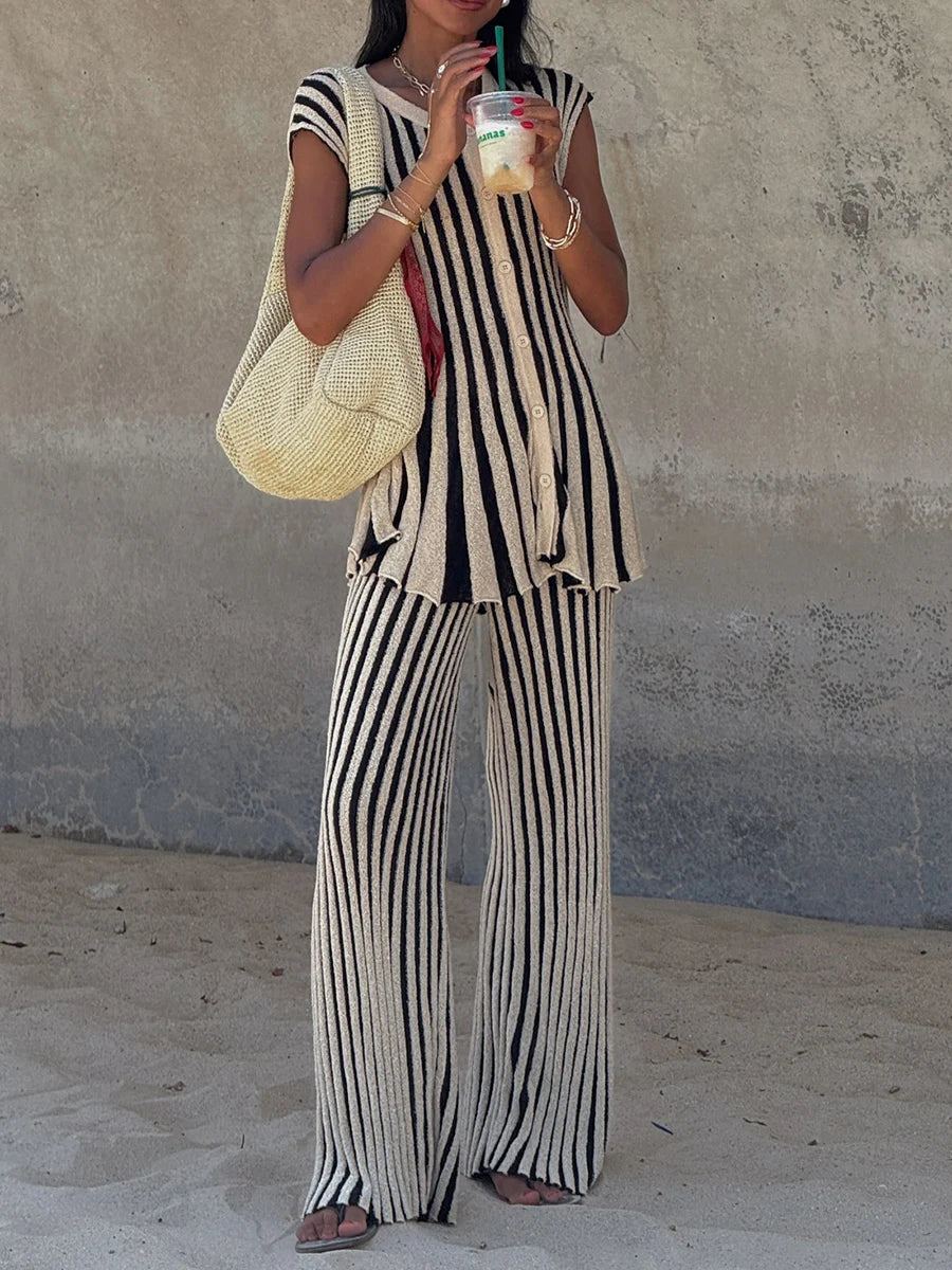 Aiertu  -  Striped Loose Two Piece Set for Women O Neck Sleeveless Top High Waist Wide Leg Pants Casual Sets Female Sumemr New Aiertu