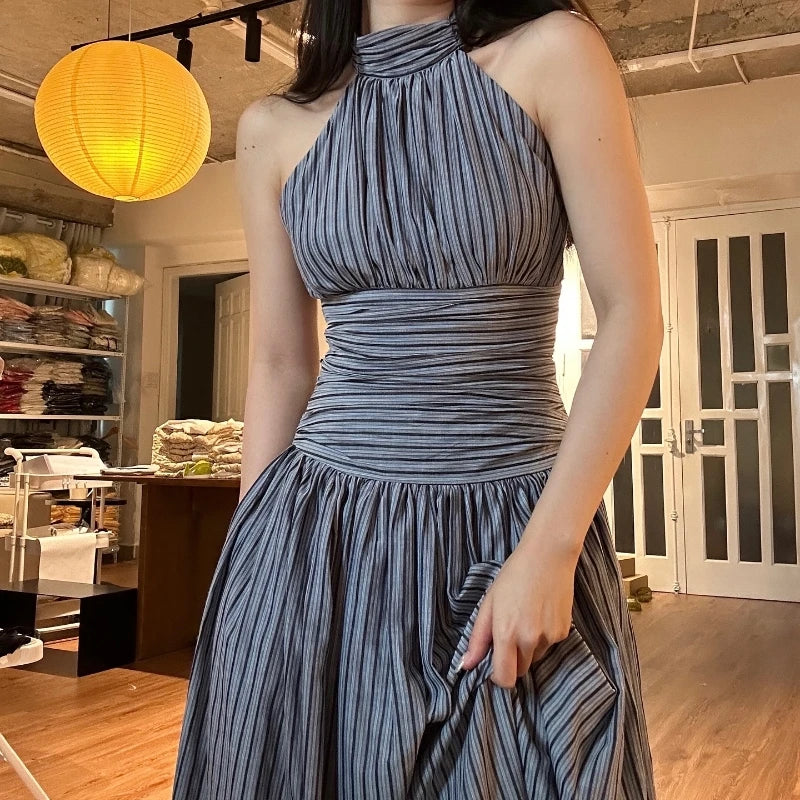 Aiertu  Stripe Halter Backless Pleated Fashion Elegant Casual Bodycon Midi Dress Spring Summer Fashion Party New Women Vestidos Aiertu