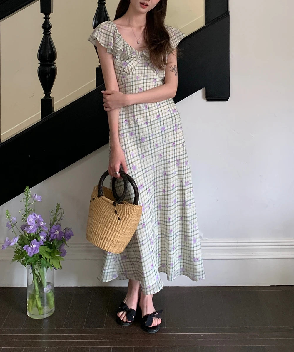 Aiertu  Sweet Long Floral Plaid Summer Chiffon Dress Women Sashes Flying Sleeve A-line Midi Sundress Female Woman Clothes 2025 Aiertu