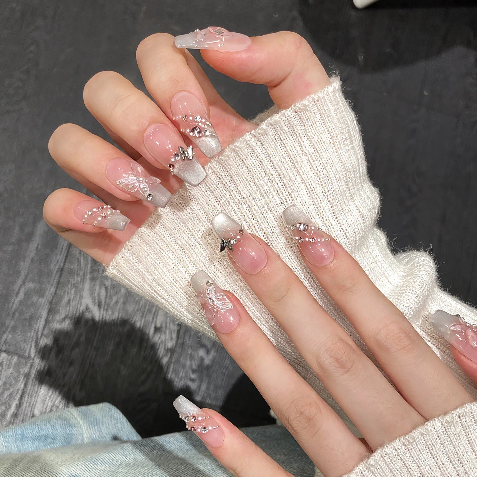 Aiertu 10Pcs Reuse Finished Fake Nails with Butterfly Deisgn Pink Cat's Eye French Handmade Press on False Nails Wearable Nail Art Tips Aiertu