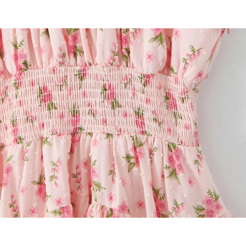 Aiertu  -  Sexy Off Shoulder Pink Floral Print Dress For Women Short Sleeve Elastic Waist Summer Mini Dresses Holiday Robe Aiertu