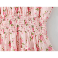 Aiertu  -  Sexy Off Shoulder Pink Floral Print Dress For Women Short Sleeve Elastic Waist Summer Mini Dresses Holiday Robe Aiertu