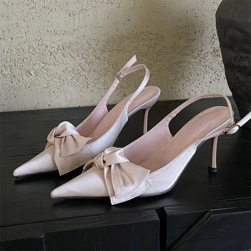 Aiertu  -  High Quality Butterfly-knot Stiletto Heels Women Pumps Fashion Satin Pointed Toe Buckle Strap Stripper Party Shoes Aiertu