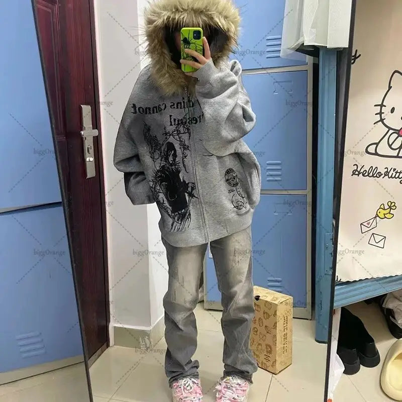 Aiertu  Gothic Harajuku Streetwear Jacket American Retro Printed Oversized Sweatshirt Women Punk Personality Fur Collar Zipper Hoodie Aiertu