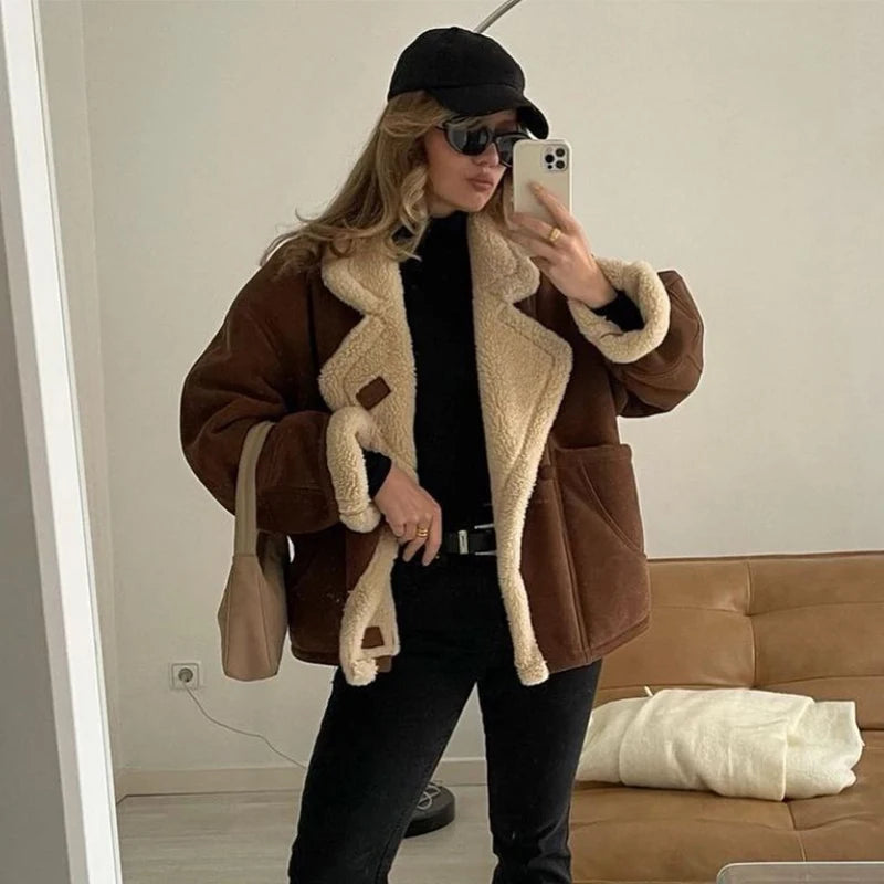 Aiertu  -  Vintage Patchwork Women Jacket Lapel Lamb Wool Pocket Lady Coat 2024 Fashion Full Sleeve Autumn Winter Warm Thicken Female Top Aiertu