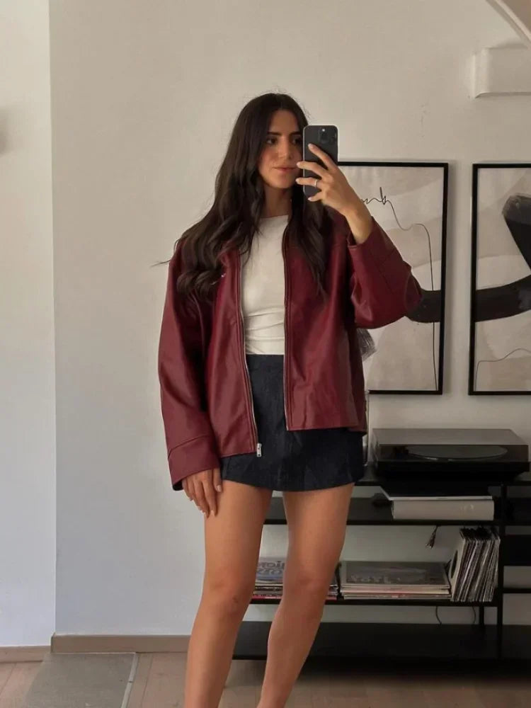 Aiertu  -  2026 New Women Solid Zipper Leather Jacket Vintage Lapel Long Sleeve Bomber Loose Coat Ins Fashion Lady Motorcycle Outerwear Aiertu