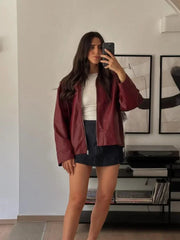 Aiertu  -  2026 New Women Solid Zipper Leather Jacket Vintage Lapel Long Sleeve Bomber Loose Coat Ins Fashion Lady Motorcycle Outerwear Aiertu