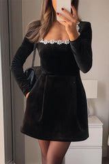 Aiertu  -  Elegant Pocket Rhinestone Decor Square Neck A Line Dresses Aiertu