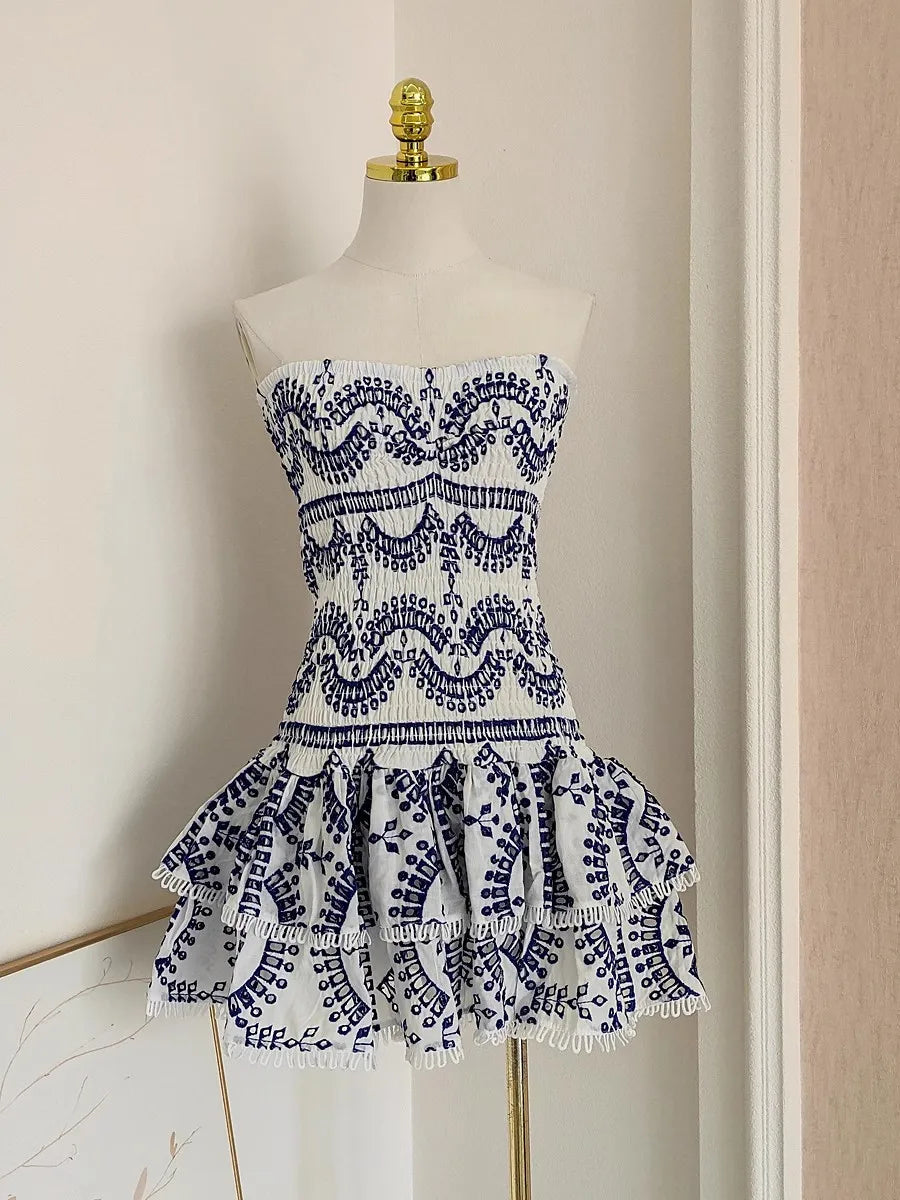 Aiertu  -  Summer Hollow Out Embroidery Cake Dress Women Sexy Beach Strapless Halter Stretch Cotton Spliced Layer Lace Trims Mini Vestidos Aiertu