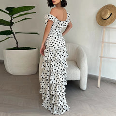 Aiertu  -  Polka Print Off Shoulder Women's Party Dress Elegant Ruffle Slim Irregular Long Dress Fashion Summer Split Layered Cake Dresses Aiertu